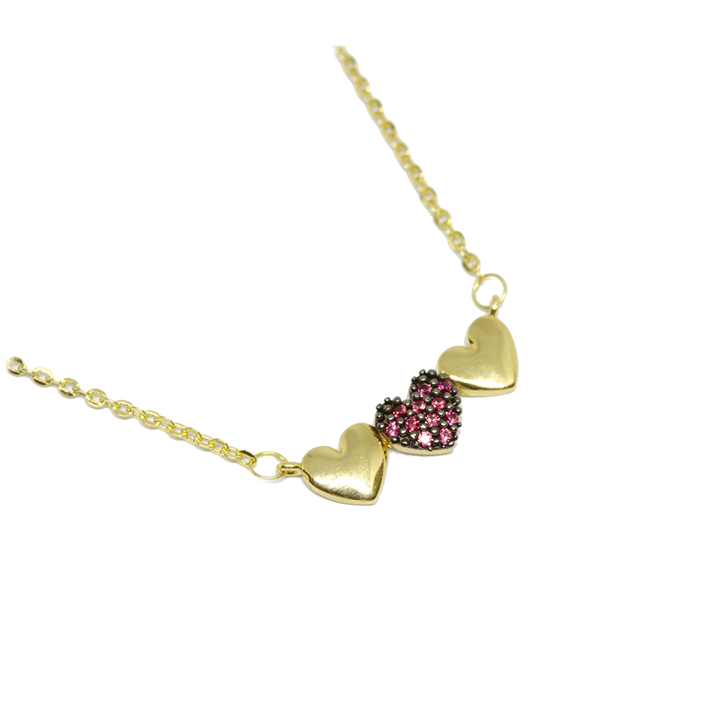 Colar Trio Cora��o Vermelho em Ouro 18 Kilates � 25402